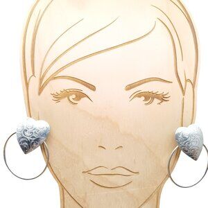 Heart Shaped Vintage Engraved Silver Tone Hoop Earrings